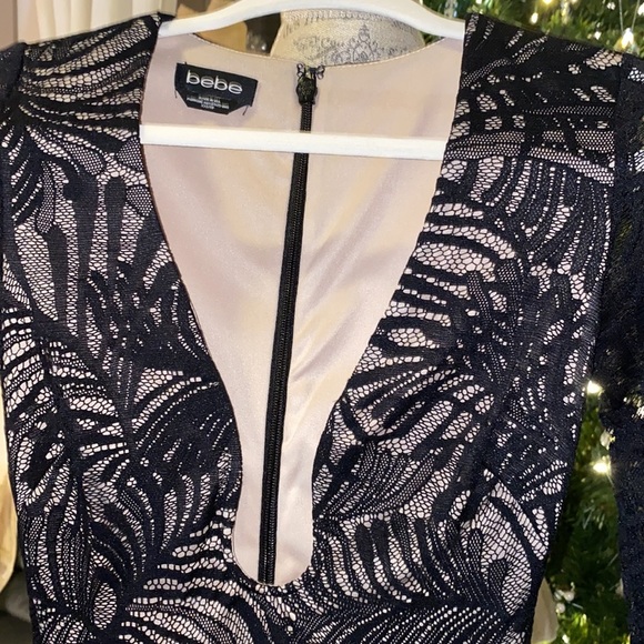 Bebe Black Lace Dress Tan Underlining Low Cut V-Neck Longsleeve lace sleeves XXS - Picture 7 of 14